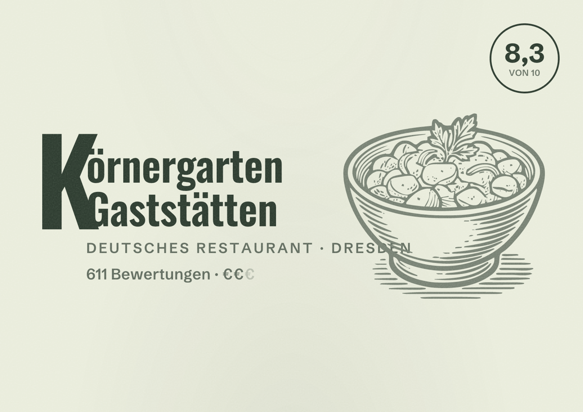 Illustriertes Poster von Körnergarten Gaststätten, Deutsches Restaurant in Dresden: Bewertung 8,3 von 10 aus 611 Bewertungen, Preisniveau €€