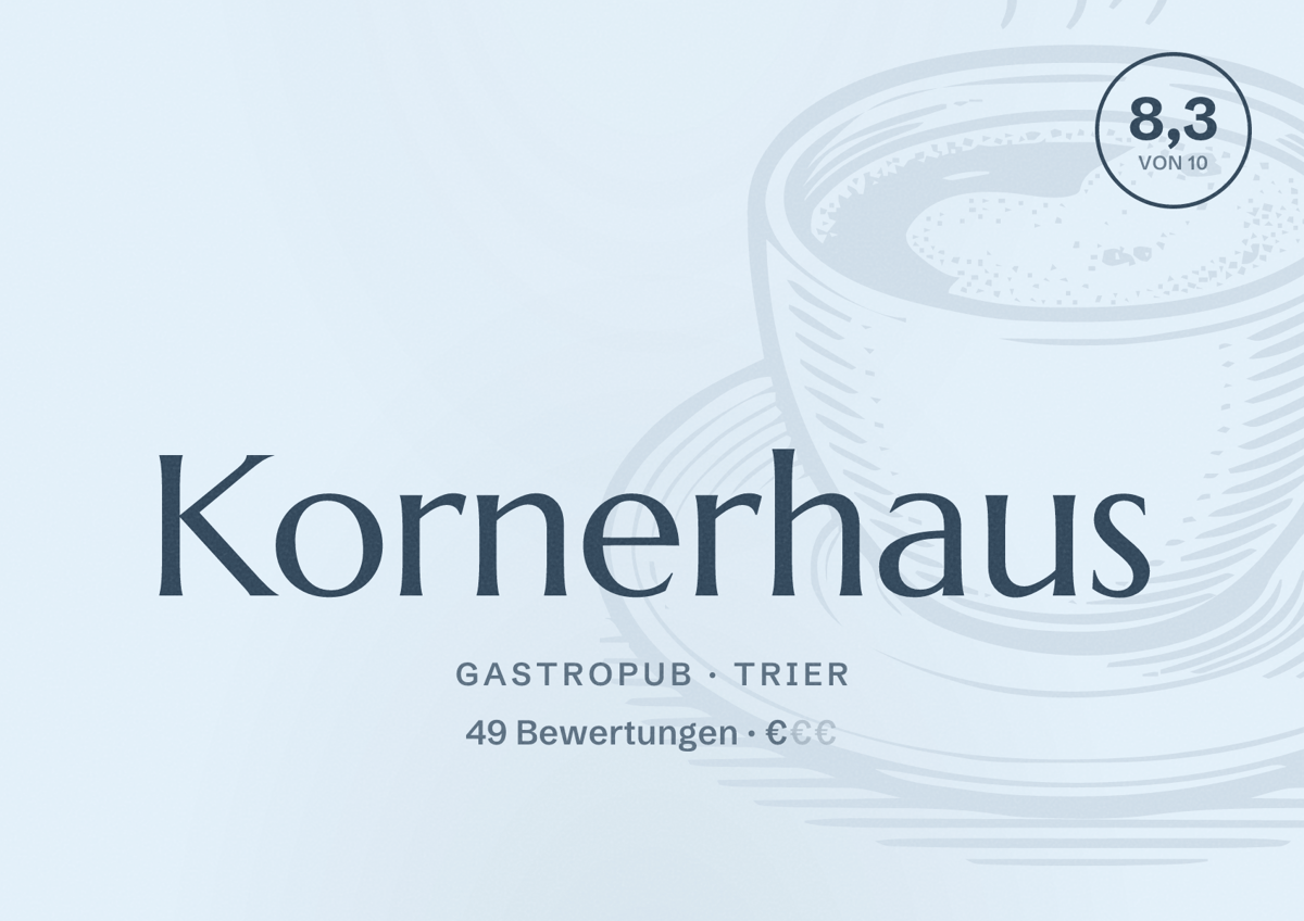 Illustriertes Poster von Kornerhaus, Gastropub in Trier: Bewertung 8,3 von 10 aus 49 Bewertungen, Preisniveau €