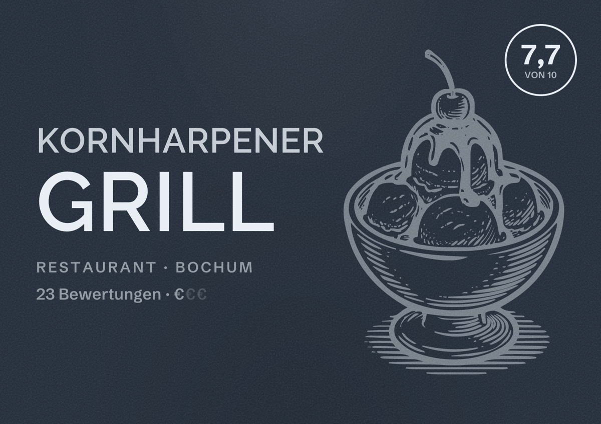 Illustriertes Poster von Kornharpener Grill, Restaurant in Bochum: Bewertung 7,7 von 10 aus 23 Bewertungen, Preisniveau €