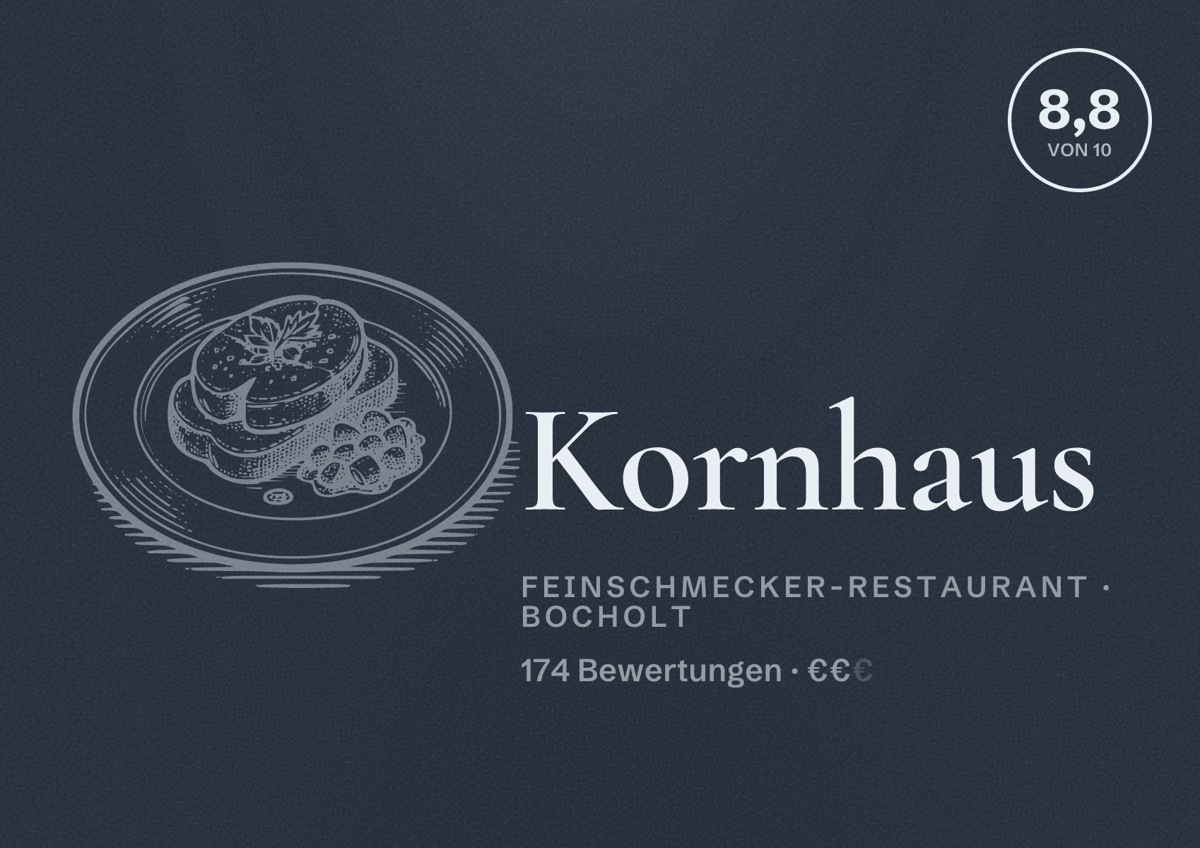 Illustriertes Poster von Kornhaus, Feinschmecker-Restaurant in Bocholt: Bewertung 8,8 von 10 aus 174 Bewertungen, Preisniveau €€