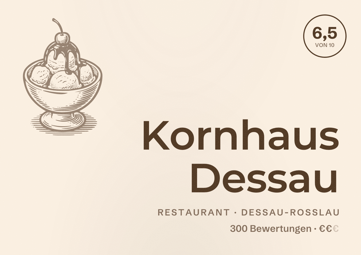 Illustriertes Poster von Kornhaus Dessau, Restaurant in Dessau-Roßlau: Bewertung 6,5 von 10 aus 300 Bewertungen, Preisniveau €€