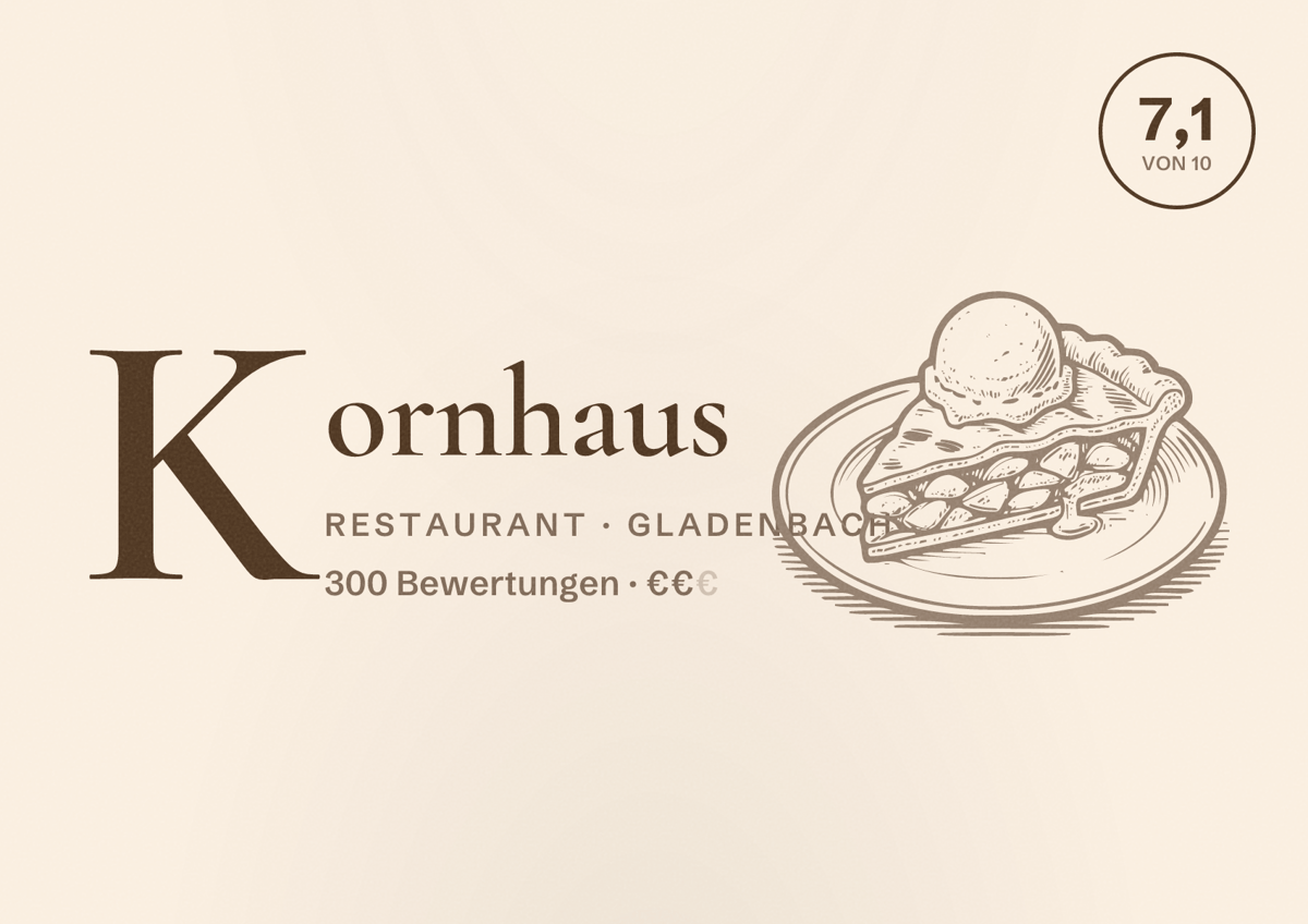 Illustriertes Poster von Kornhaus, Restaurant in Gladenbach: Bewertung 7,1 von 10 aus 300 Bewertungen, Preisniveau €€