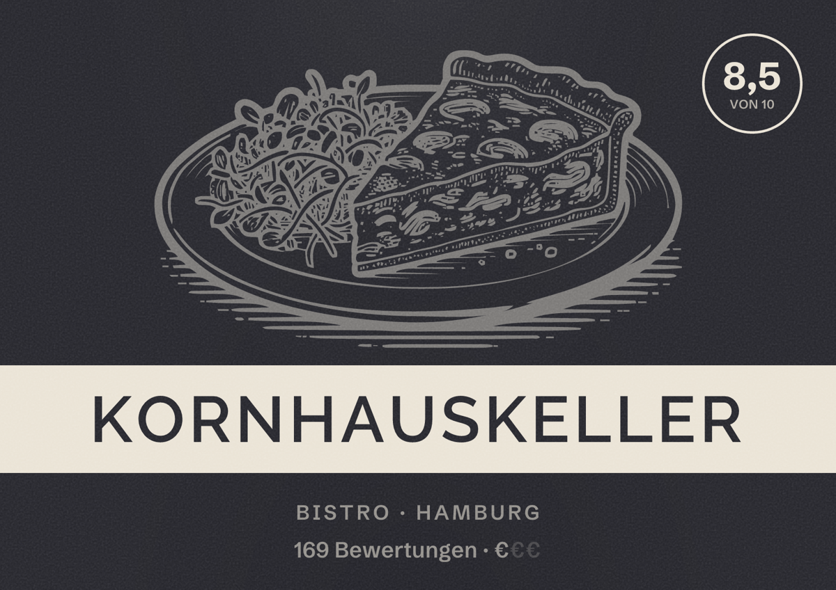 Illustriertes Poster von Kornhauskeller, Bistro in Hamburg: Bewertung 8,5 von 10 aus 169 Bewertungen, Preisniveau €