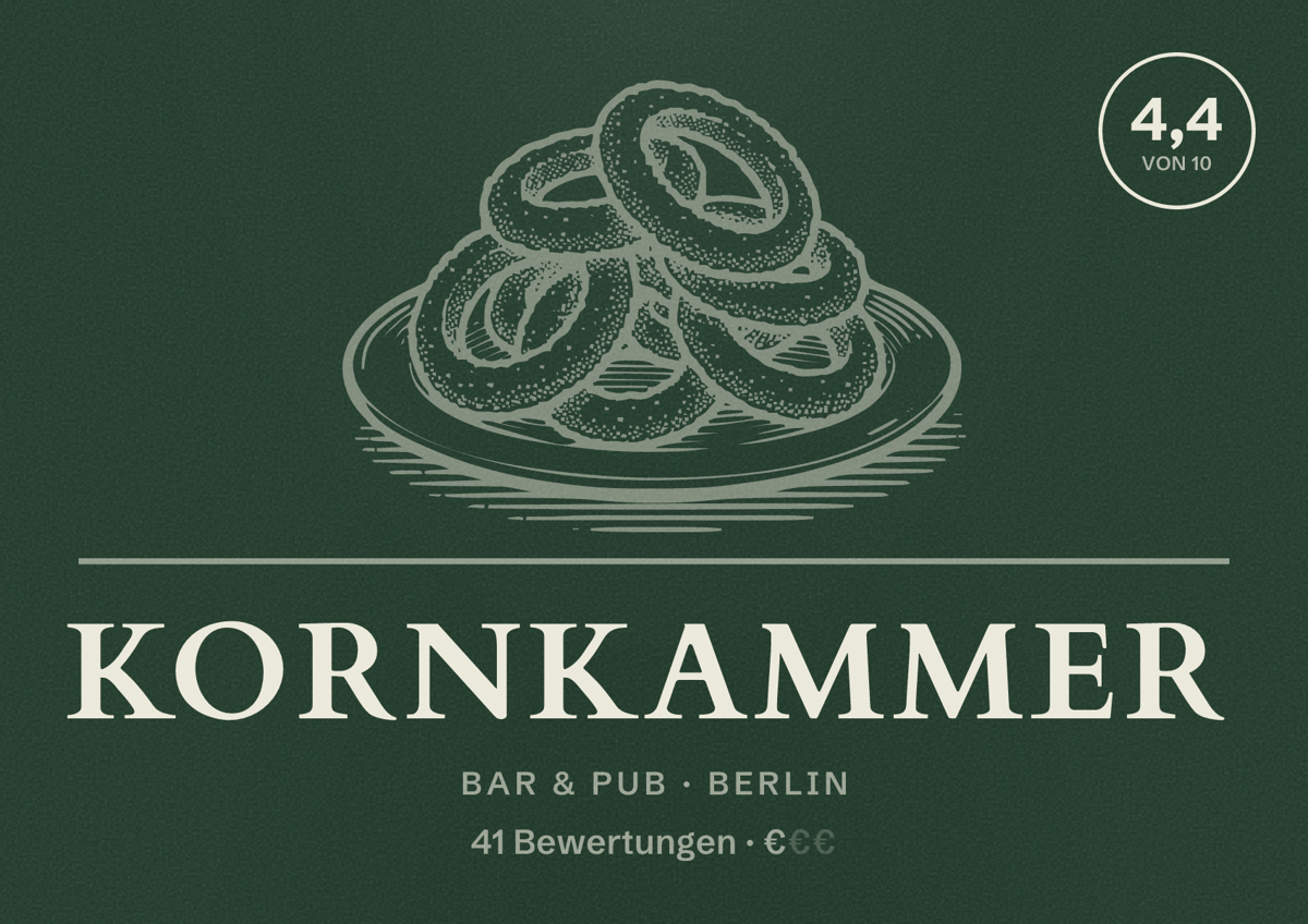 Illustriertes Poster von Kornkammer, Bar & Pub in Berlin: Bewertung 4,4 von 10 aus 41 Bewertungen, Preisniveau €