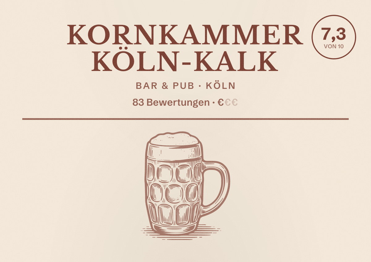 Illustriertes Poster von Kornkammer Köln-Kalk, Bar & Pub in Köln: Bewertung 7,3 von 10 aus 83 Bewertungen, Preisniveau €