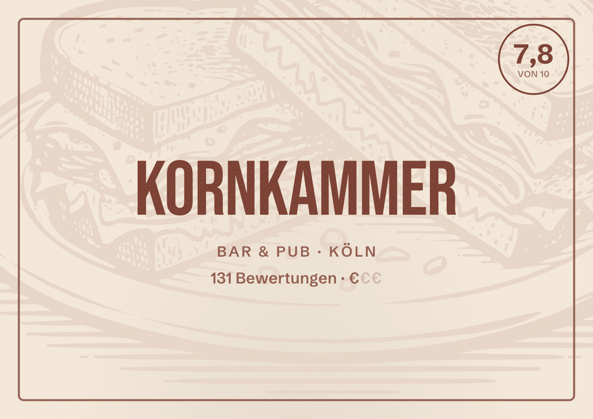 Illustriertes Poster von Kornkammer, Bar & Pub in Köln: Bewertung 7,8 von 10 aus 131 Bewertungen, Preisniveau €
