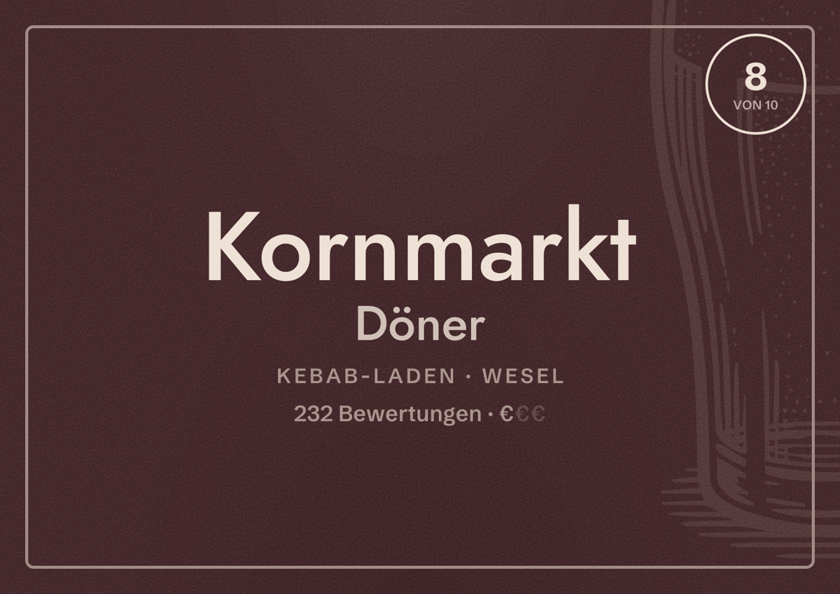Illustriertes Poster von Kornmarkt Döner, Kebab-Laden in Wesel: Bewertung 8 von 10 aus 232 Bewertungen, Preisniveau €