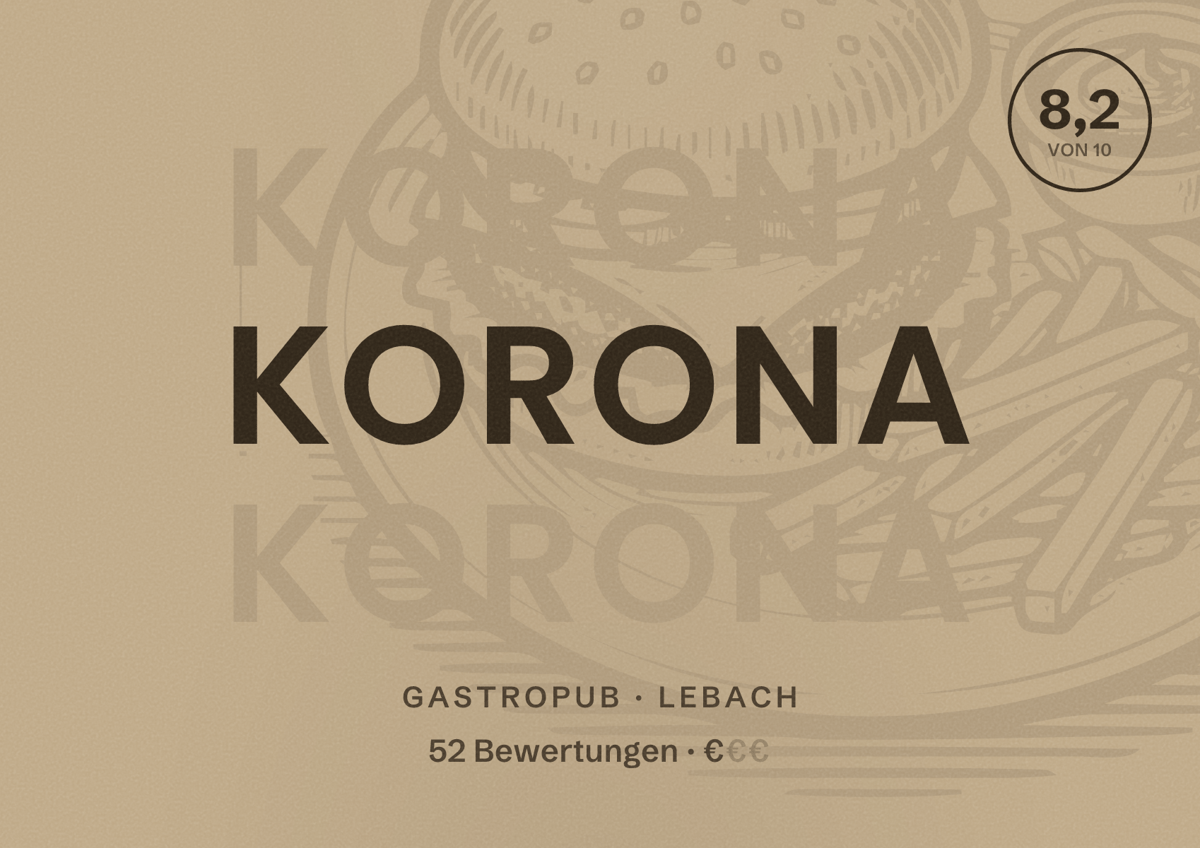 Illustriertes Poster von Korona, Gastropub in Lebach: Bewertung 8,2 von 10 aus 52 Bewertungen, Preisniveau €