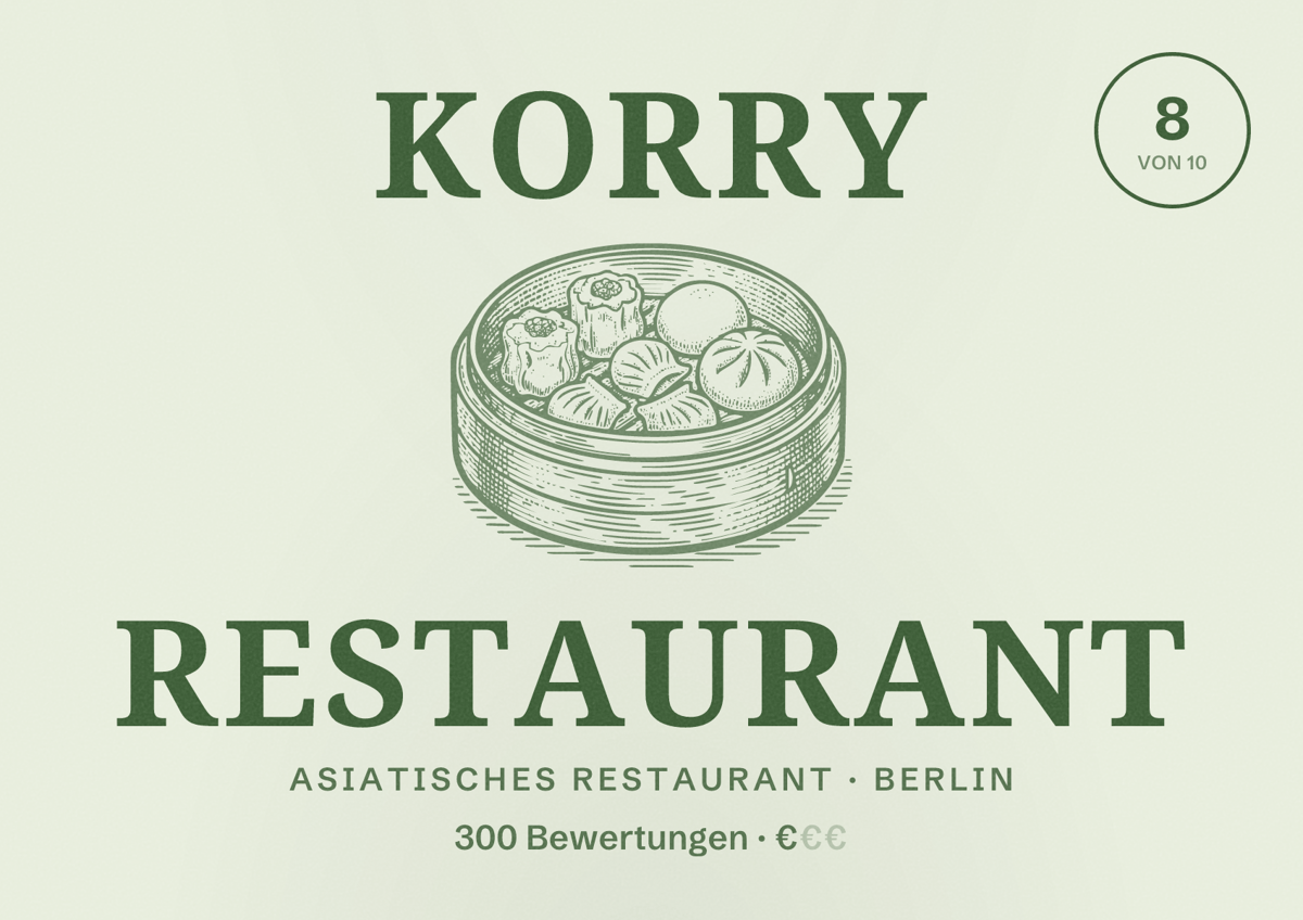 Illustriertes Poster von Korry Restaurant, Asiatisches Restaurant in Berlin: Bewertung 8,0 von 10 aus 300 Bewertungen, Preisniveau €