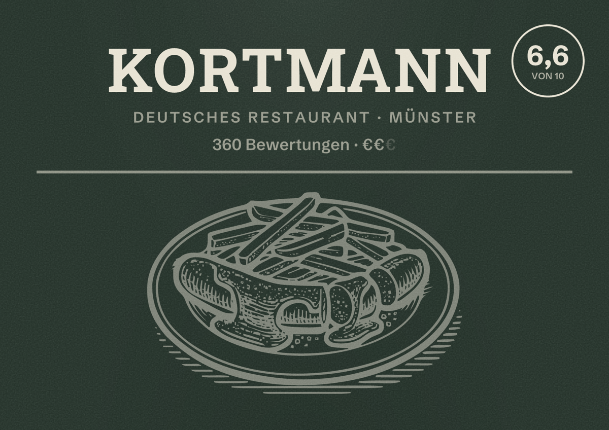 Illustriertes Poster von Kortmann, Deutsches Restaurant in Münster: Bewertung 6,6 von 10 aus 360 Bewertungen, Preisniveau €€