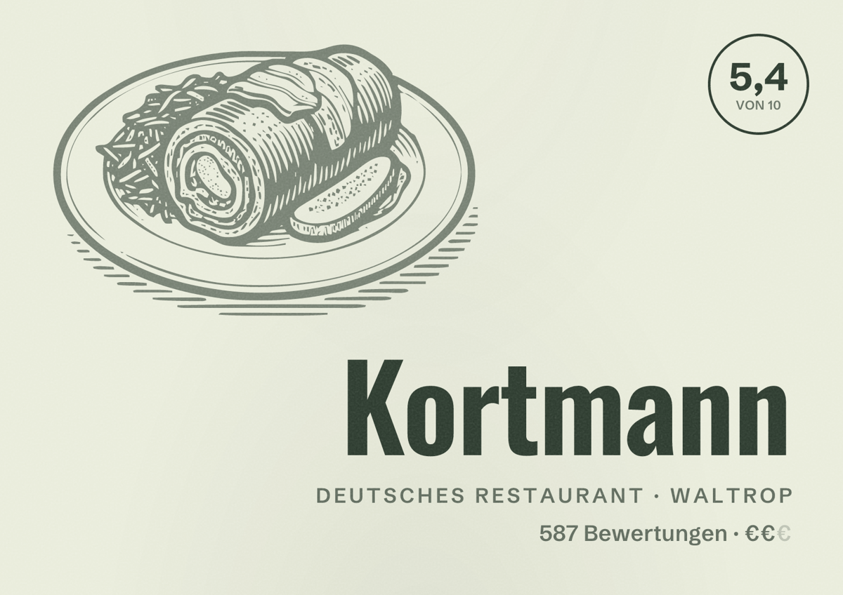 Illustriertes Poster von Kortmann, Deutsches Restaurant in Waltrop: Bewertung 5,4 von 10 aus 587 Bewertungen, Preisniveau €€