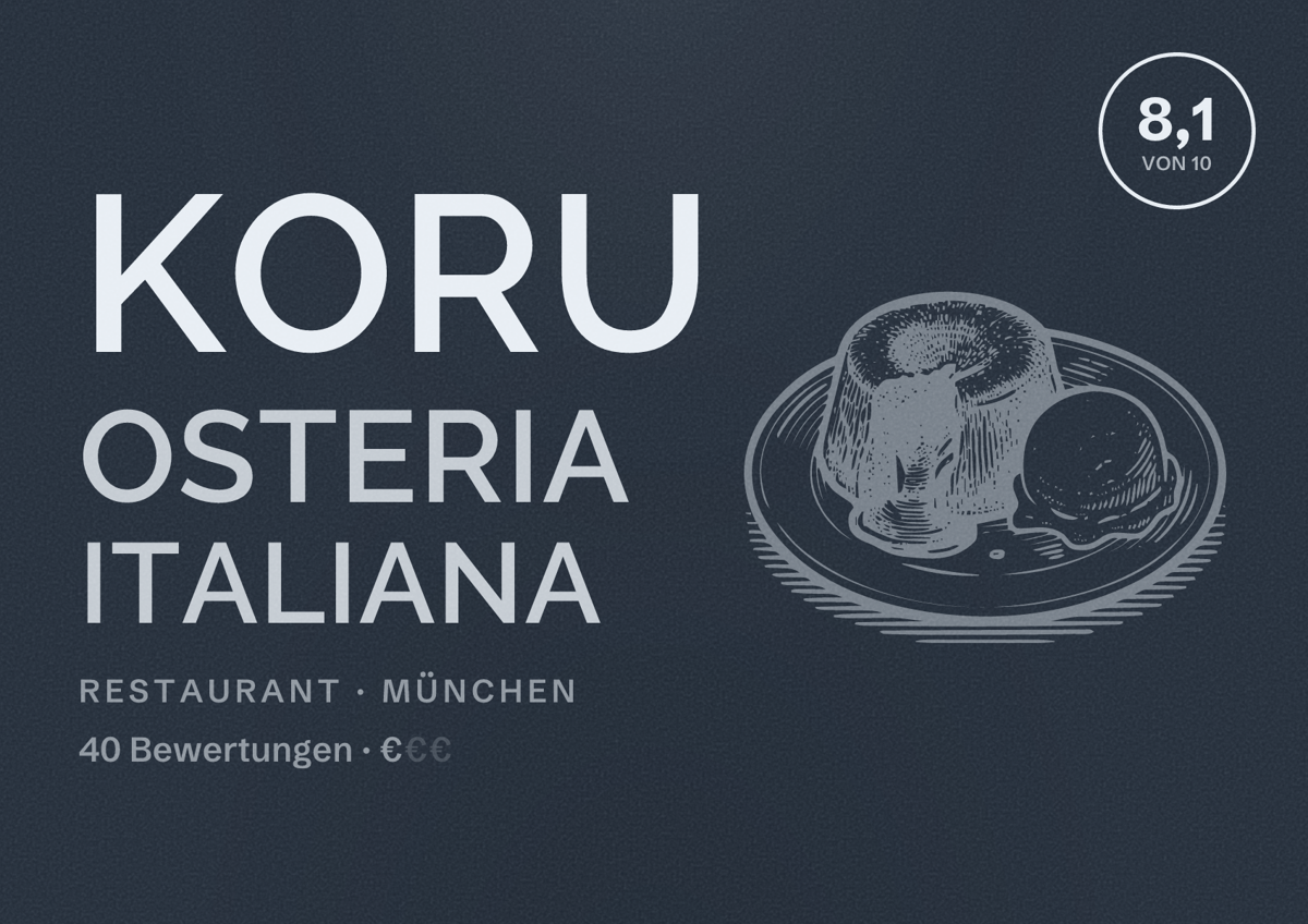 Illustriertes Poster von Koru Osteria Italiana, Restaurant in München: Bewertung 8,1 von 10 aus 40 Bewertungen, Preisniveau €