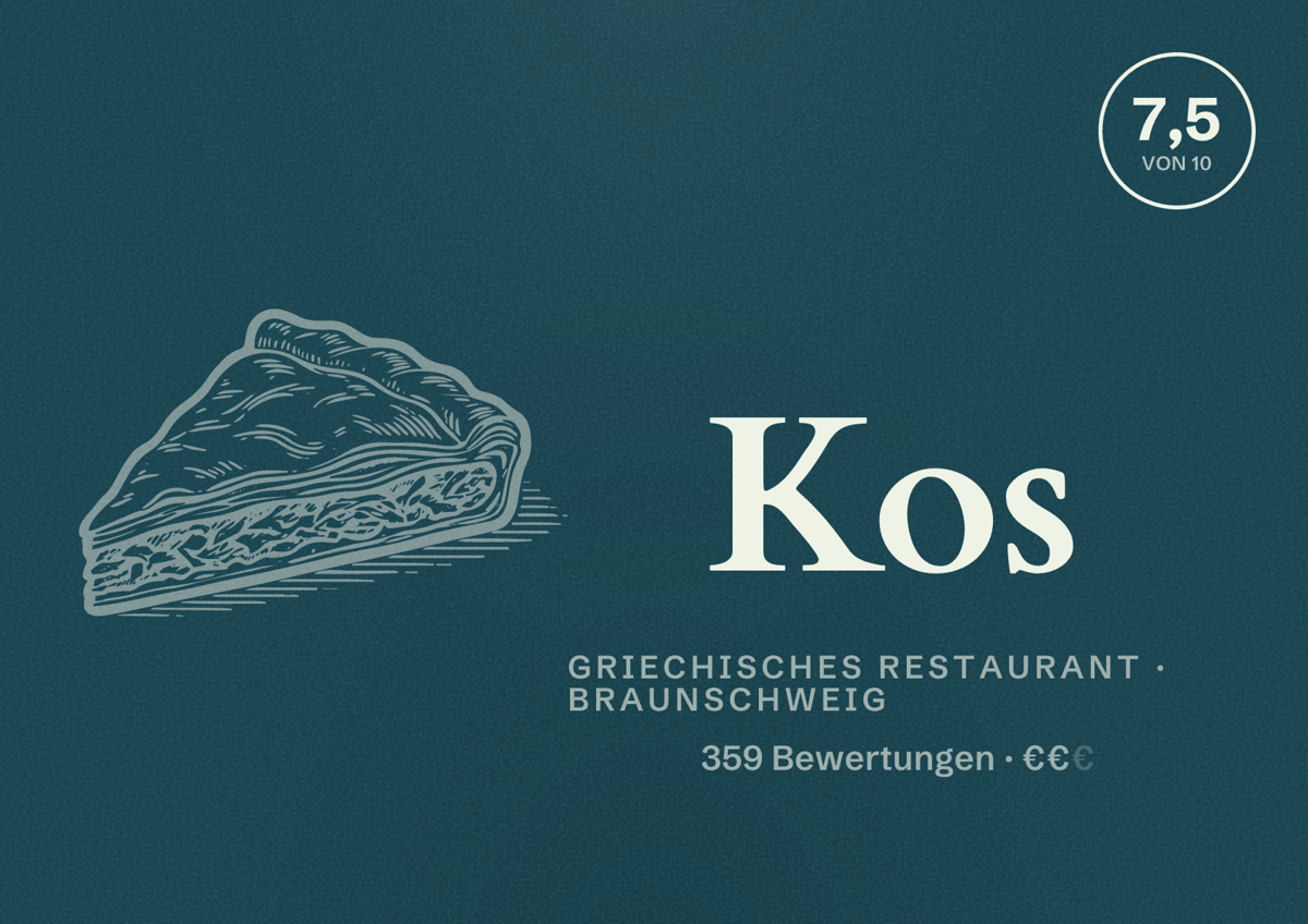 Illustriertes Poster von Kos, Griechisches Restaurant in Braunschweig: Bewertung 7,5 von 10 aus 359 Bewertungen, Preisniveau €€