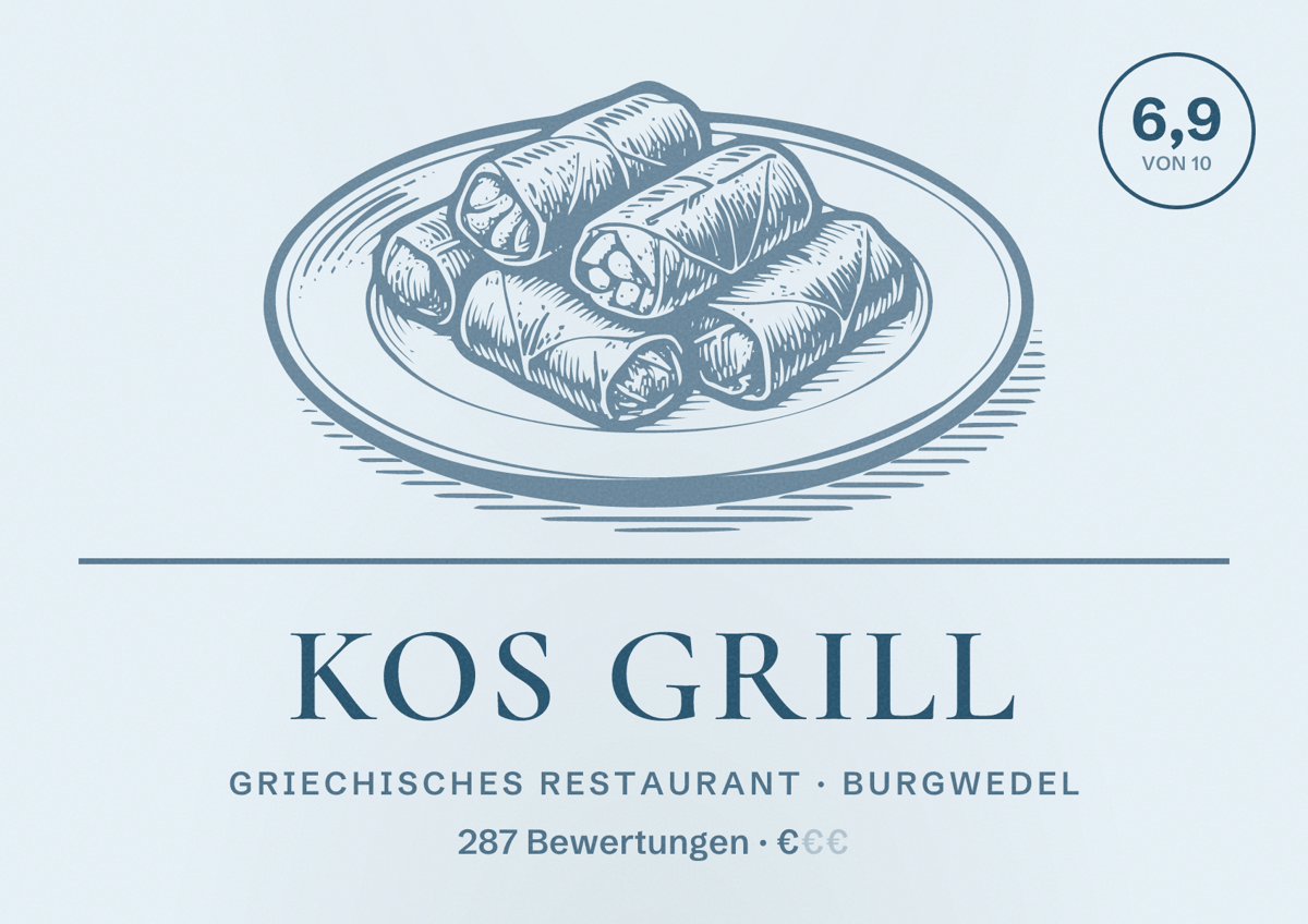 Illustriertes Poster von Kos Grill, Griechisches Restaurant in Burgwedel: Bewertung 6,9 von 10 aus 287 Bewertungen, Preisniveau €