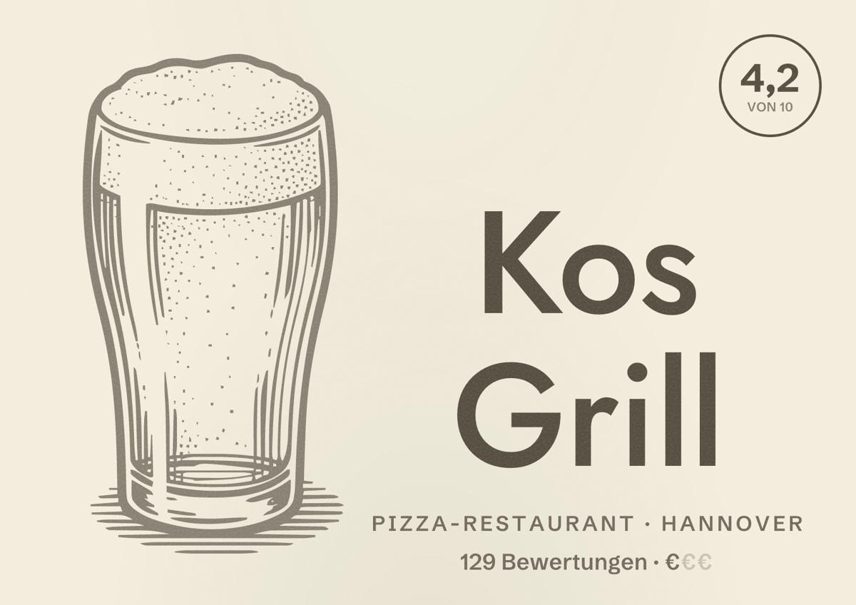 Illustriertes Poster von Kos Grill, Pizza-Restaurant in Hannover: Bewertung 4,2 von 10 aus 129 Bewertungen, Preisniveau €