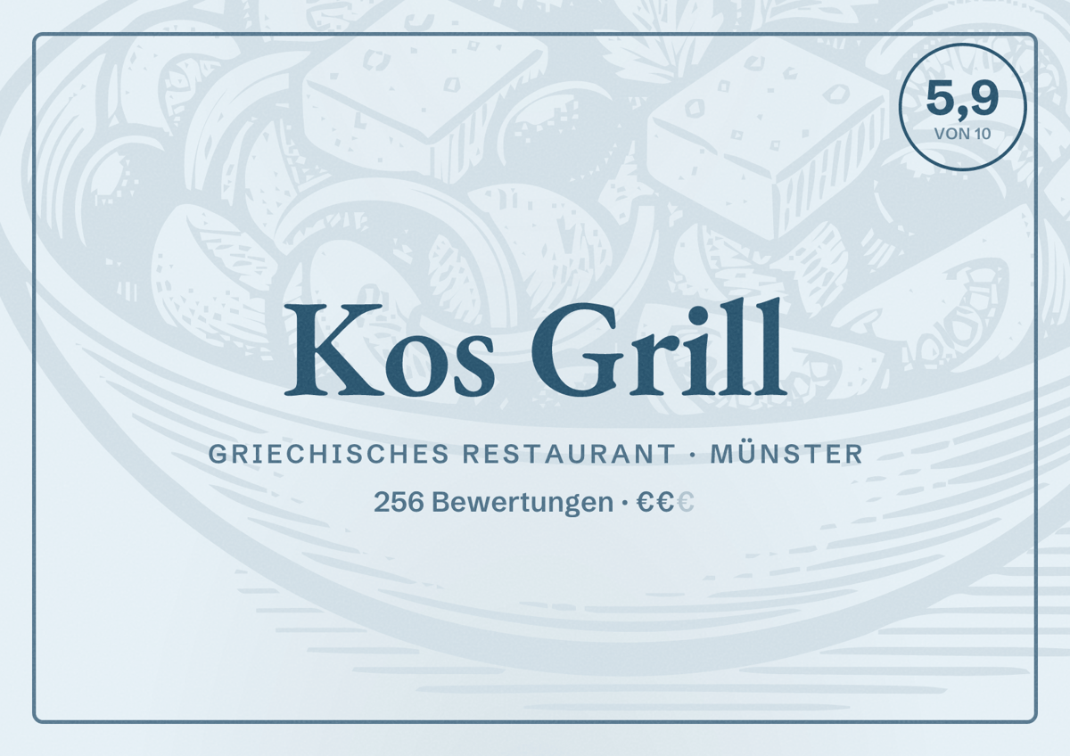 Illustriertes Poster von Kos Grill, Griechisches Restaurant in Münster: Bewertung 5,9 von 10 aus 256 Bewertungen, Preisniveau €€