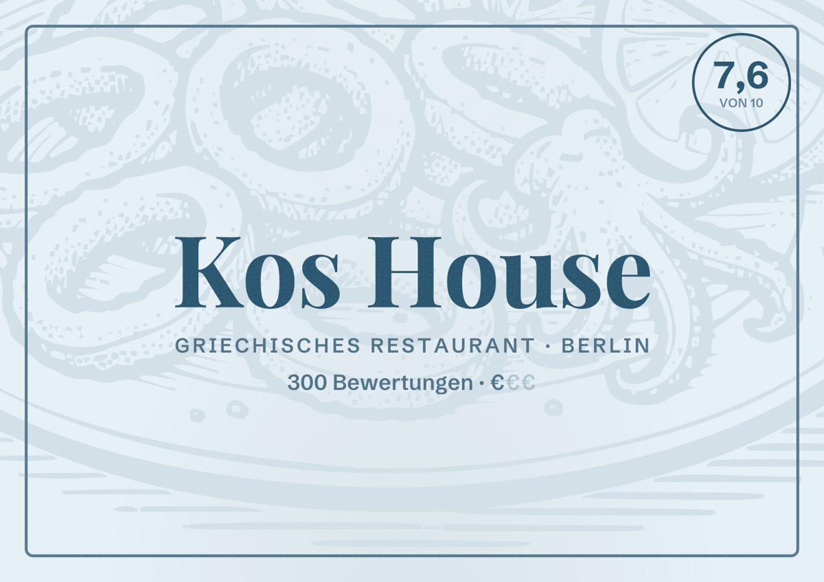 Illustriertes Poster von Kos House, Griechisches Restaurant in Berlin: Bewertung 7,6 von 10 aus 300 Bewertungen, Preisniveau €