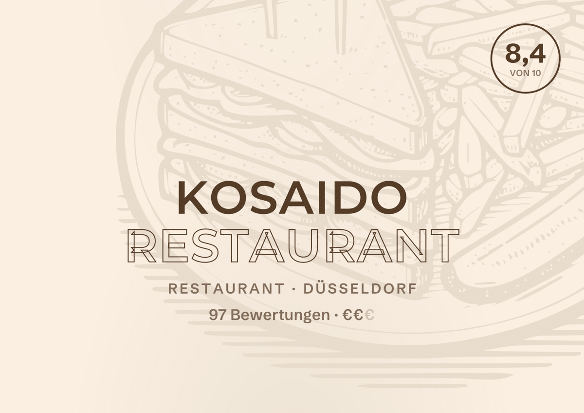 Illustriertes Poster von Kosaido Restaurant, Restaurant in Düsseldorf: Bewertung 8,4 von 10 aus 97 Bewertungen, Preisniveau €€