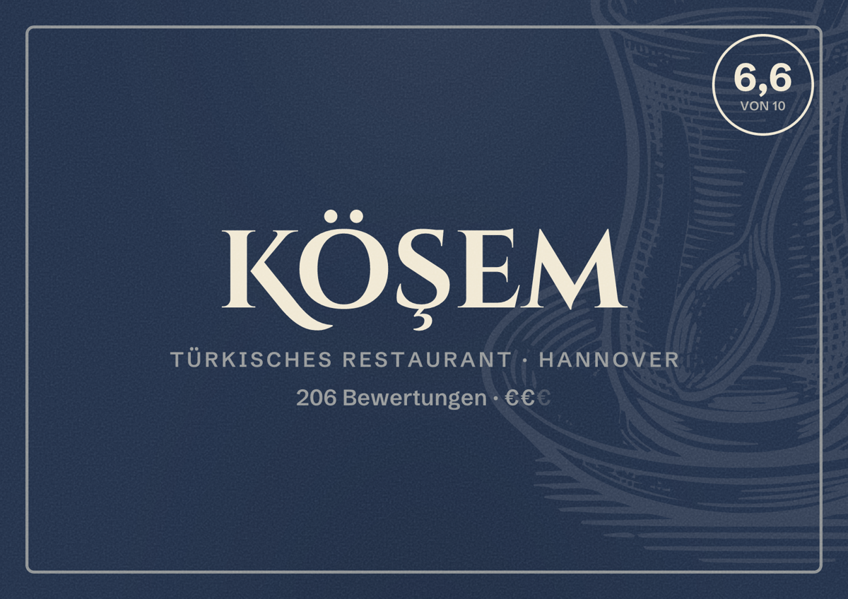 Illustriertes Poster von Köşem, Türkisches Restaurant in Hannover: Bewertung 6,6 von 10 aus 206 Bewertungen, Preisniveau €€