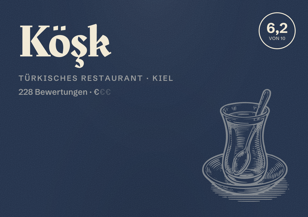 Illustriertes Poster von Köşk, Türkisches Restaurant in Kiel: Bewertung 6,2 von 10 aus 228 Bewertungen, Preisniveau €