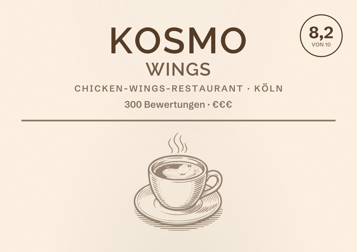 Illustriertes Poster von kosmo Wings, Chicken-Wings-Restaurant in Köln: Bewertung 8,2 von 10 aus 300 Bewertungen, Preisniveau €€€