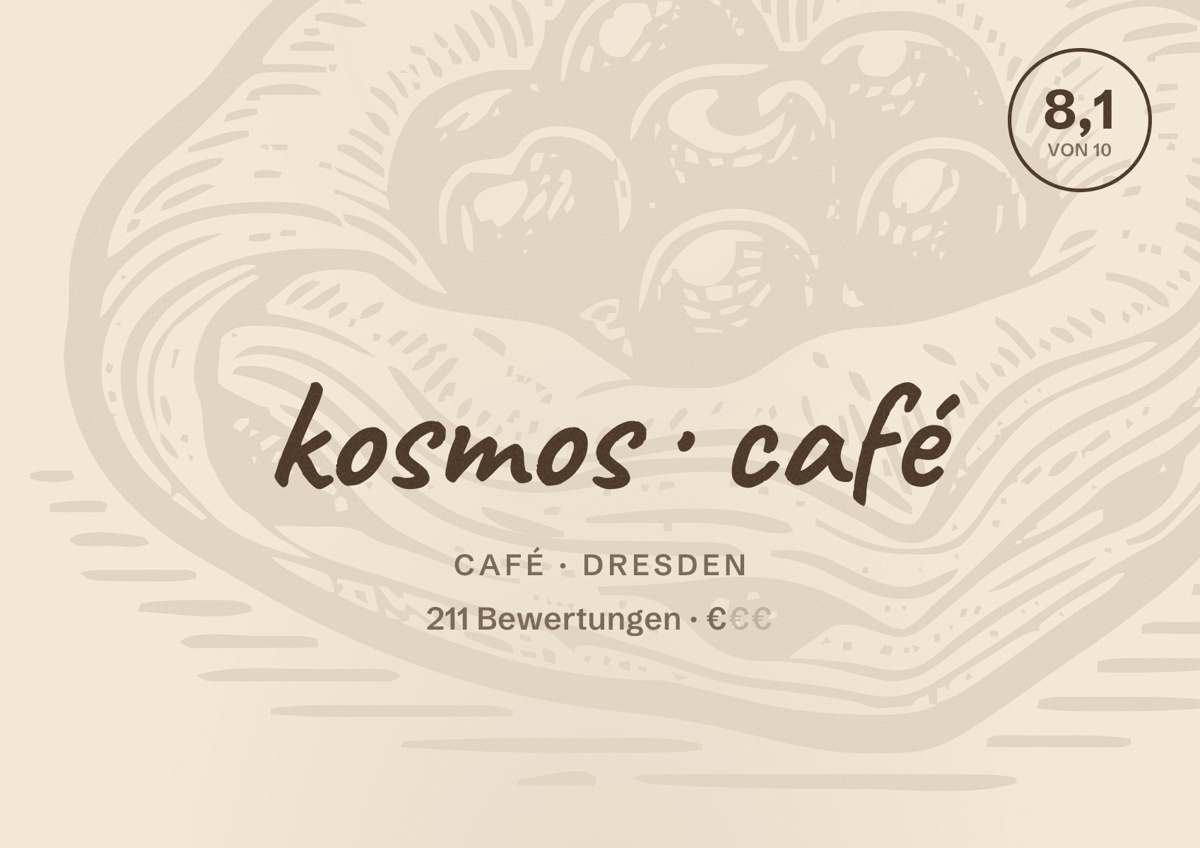 Illustriertes Poster von kosmos café, Café in Dresden: Bewertung 8,1 von 10 aus 211 Bewertungen, Preisniveau €