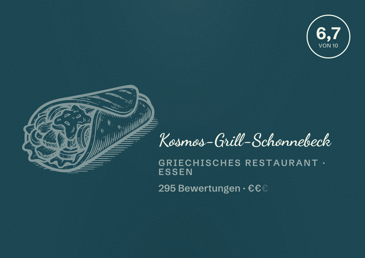 Illustriertes Poster von Kosmos-Grill-Schonnebeck, Griechisches Restaurant in Essen: Bewertung 6,7 von 10 aus 295 Bewertungen, Preisniveau €€