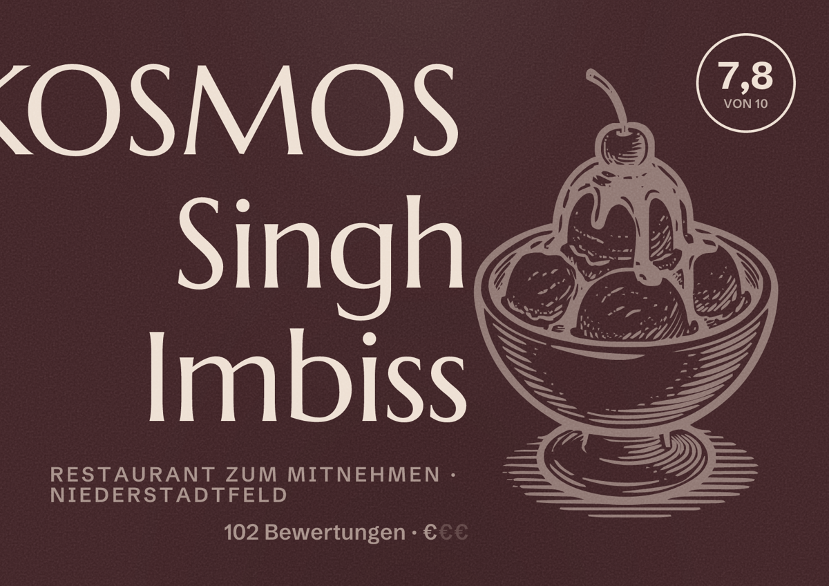 Illustriertes Poster von KOSMOS Singh Imbiss, Restaurant zum Mitnehmen in Niederstadtfeld: Bewertung 7,8 von 10 aus 102 Bewertungen, Preisniveau €