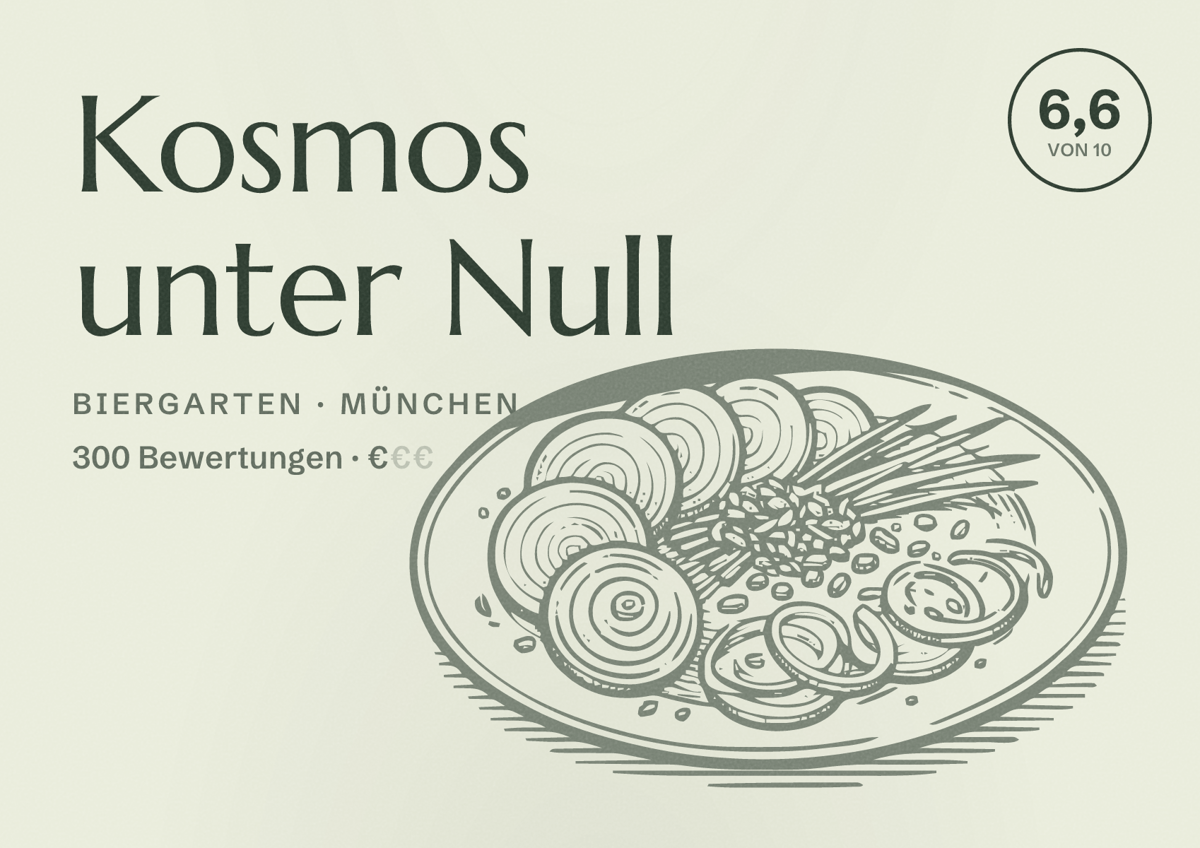 Illustriertes Poster von Kosmos unter Null, Biergarten in München: Bewertung 6,6 von 10 aus 300 Bewertungen, Preisniveau €
