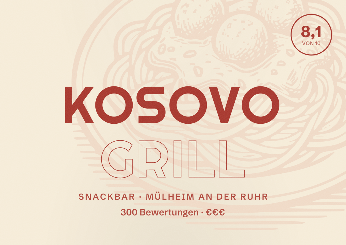 Illustriertes Poster von Kosovo Grill, Snackbar in Mülheim an der Ruhr: Bewertung 8,1 von 10 aus 300 Bewertungen, Preisniveau €€€