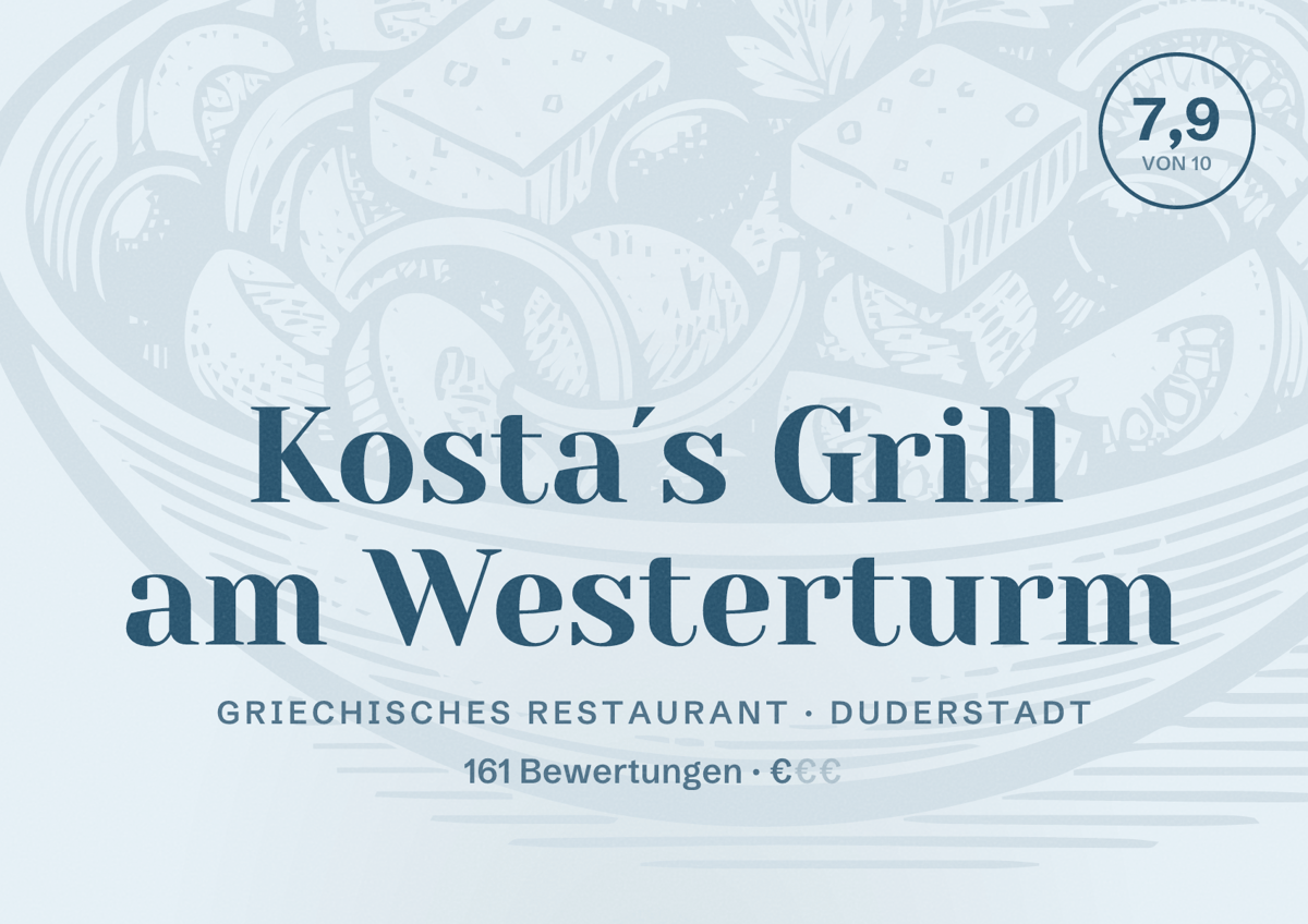 Illustriertes Poster von Kosta´s Grill am Westerturm, Griechisches Restaurant in Duderstadt: Bewertung 7,9 von 10 aus 161 Bewertungen, Preisniveau €