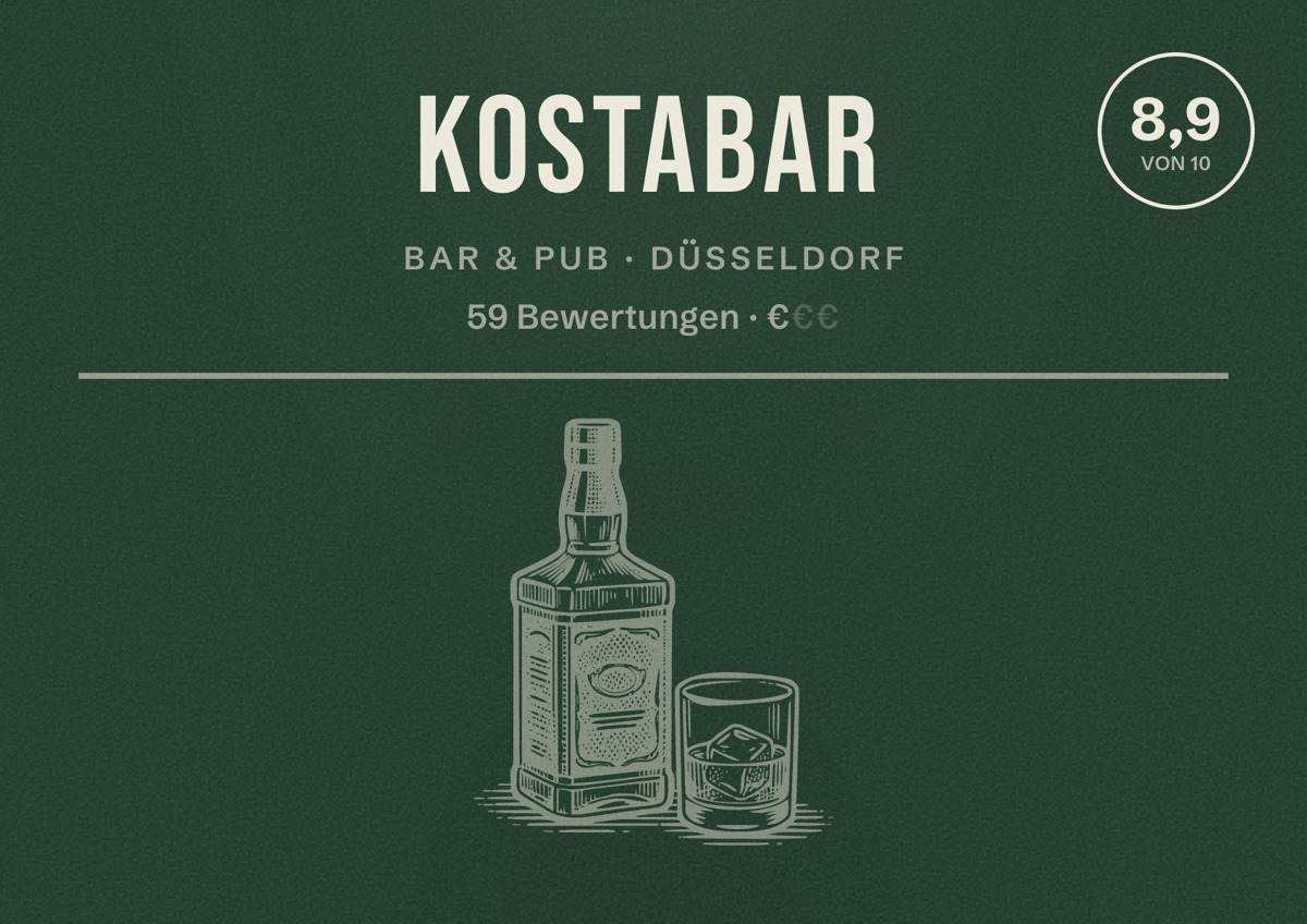 Illustriertes Poster von KOSTABAR, Bar & Pub in Düsseldorf: Bewertung 8,9 von 10 aus 59 Bewertungen, Preisniveau €