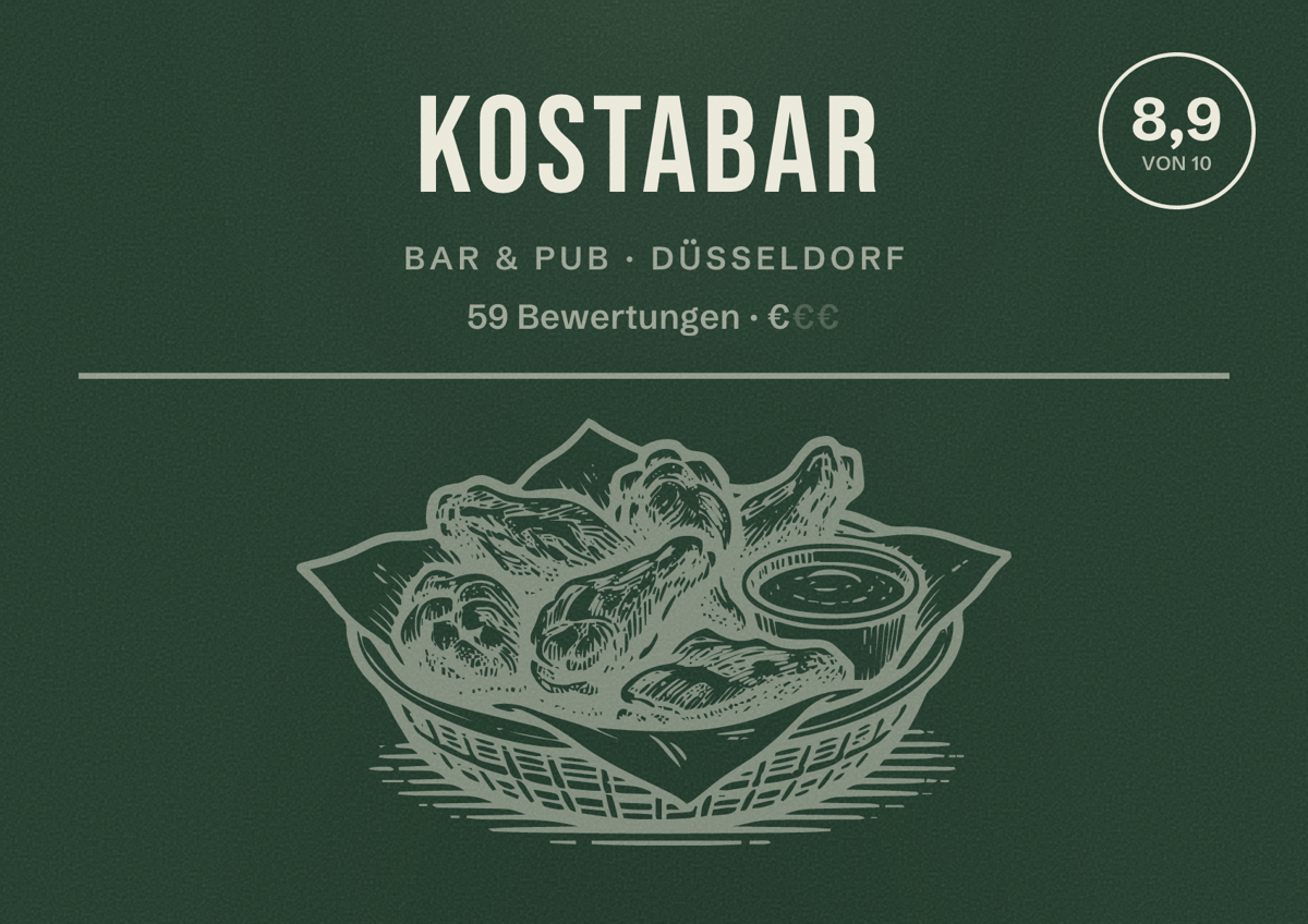Illustriertes Poster von KOSTABAR, Bar & Pub in Düsseldorf: Bewertung 8,9 von 10 aus 59 Bewertungen, Preisniveau €