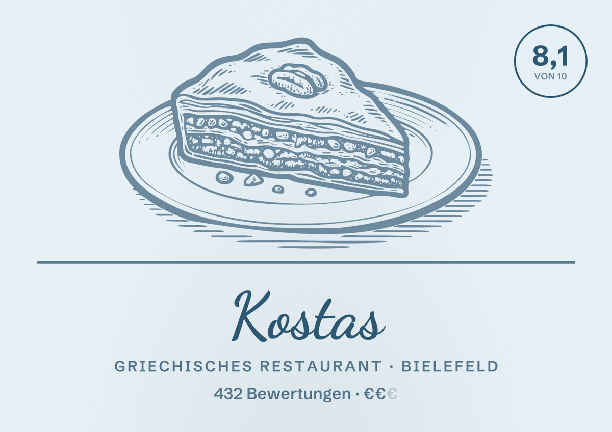 Illustriertes Poster von Kostas, Griechisches Restaurant in Bielefeld: Bewertung 8,1 von 10 aus 432 Bewertungen, Preisniveau €€