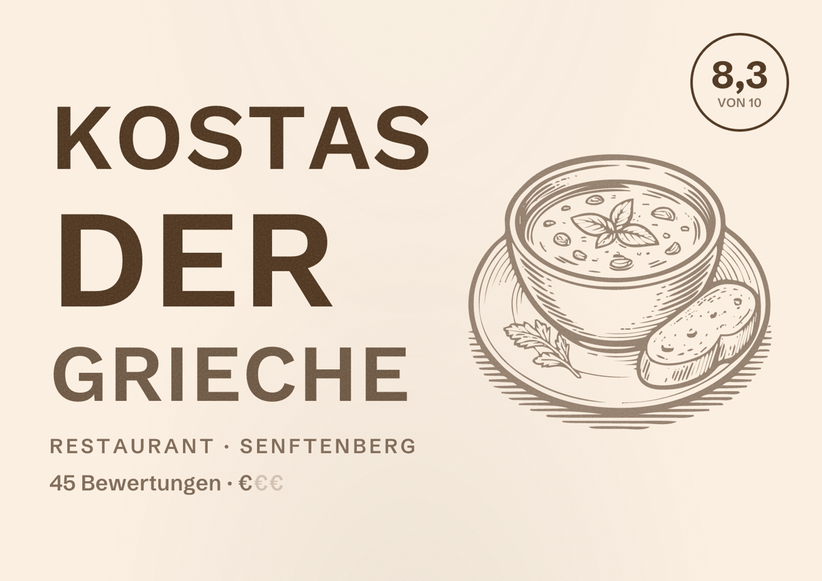 Illustriertes Poster von Kostas der Grieche, Restaurant in Senftenberg: Bewertung 8,3 von 10 aus 45 Bewertungen, Preisniveau €