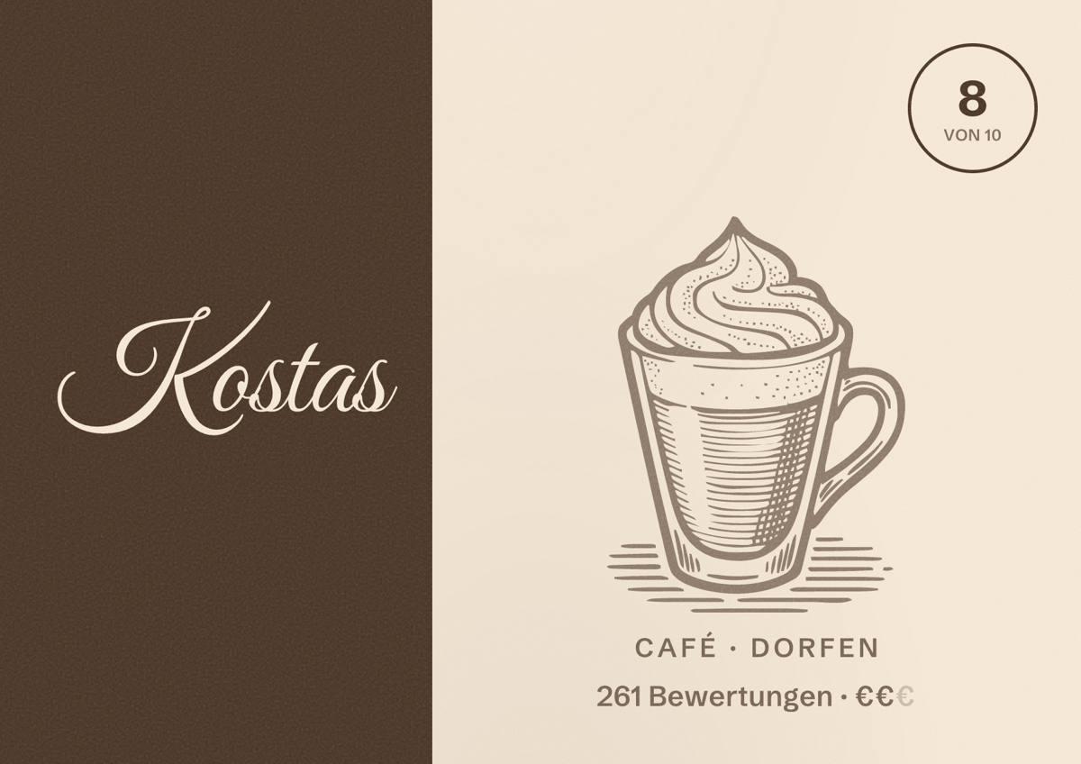 Illustriertes Poster von Kostas, Café in Dorfen: Bewertung 8 von 10 aus 261 Bewertungen, Preisniveau €€