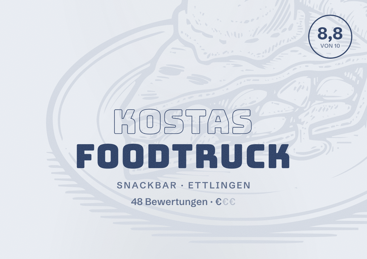 Illustriertes Poster von Kostas Foodtruck, Snackbar in Ettlingen: Bewertung 8,8 von 10 aus 48 Bewertungen, Preisniveau €
