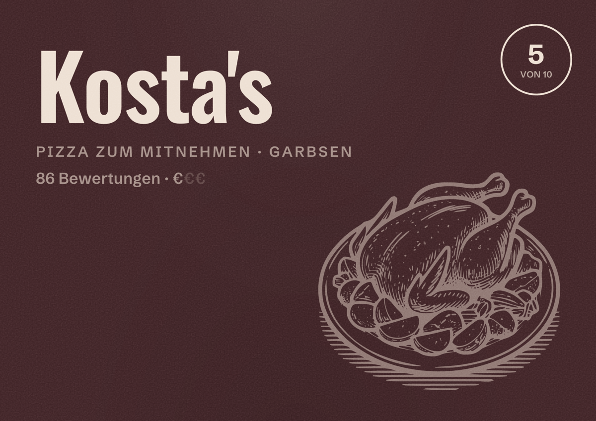 Illustriertes Poster von Kosta's, Pizza zum Mitnehmen in Garbsen: Bewertung 5 von 10 aus 86 Bewertungen, Preisniveau €