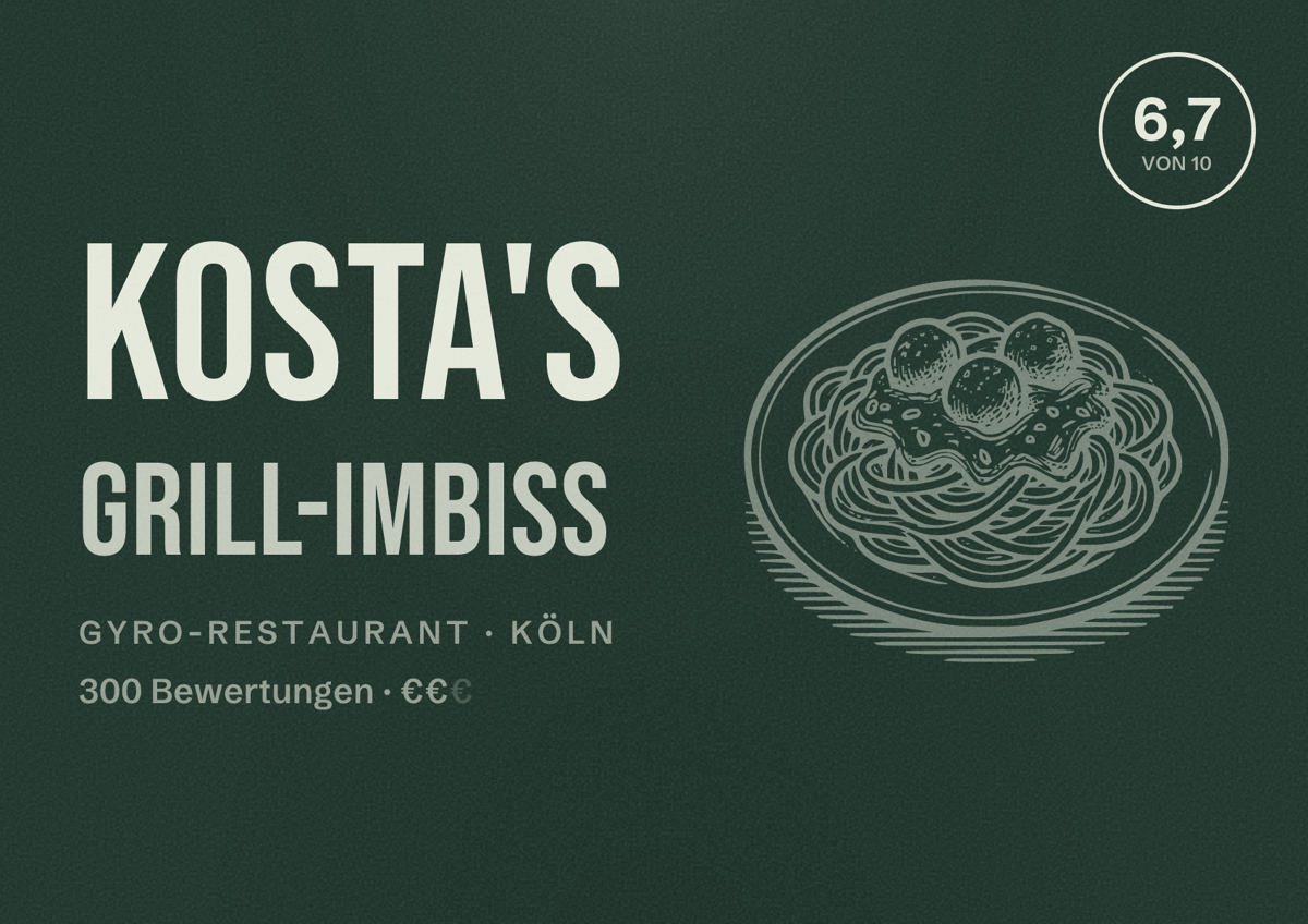 Illustriertes Poster von Kosta's Grill-Imbiss, Gyro-Restaurant in Köln: Bewertung 6,7 von 10 aus 300 Bewertungen, Preisniveau €€