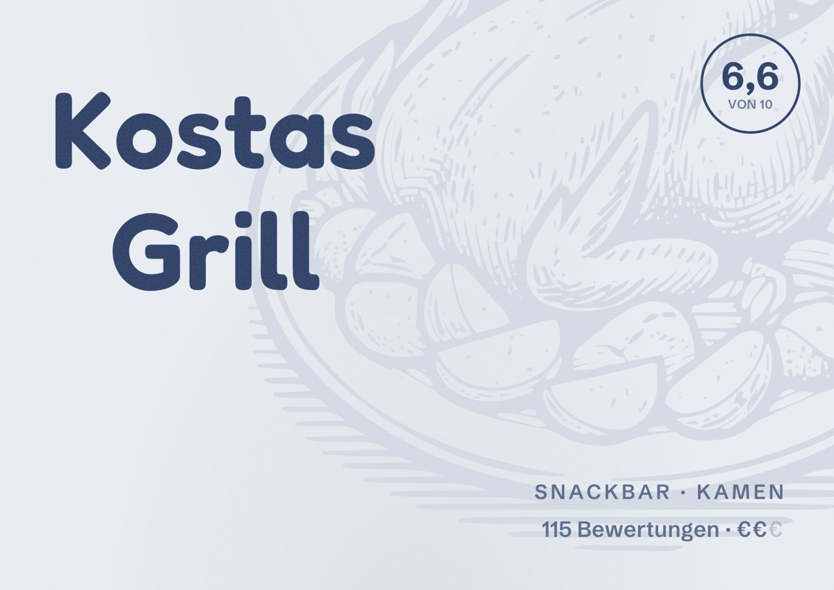 Illustriertes Poster von Kostas Grill, Snackbar in Kamen: Bewertung 6,6 von 10 aus 115 Bewertungen, Preisniveau €€