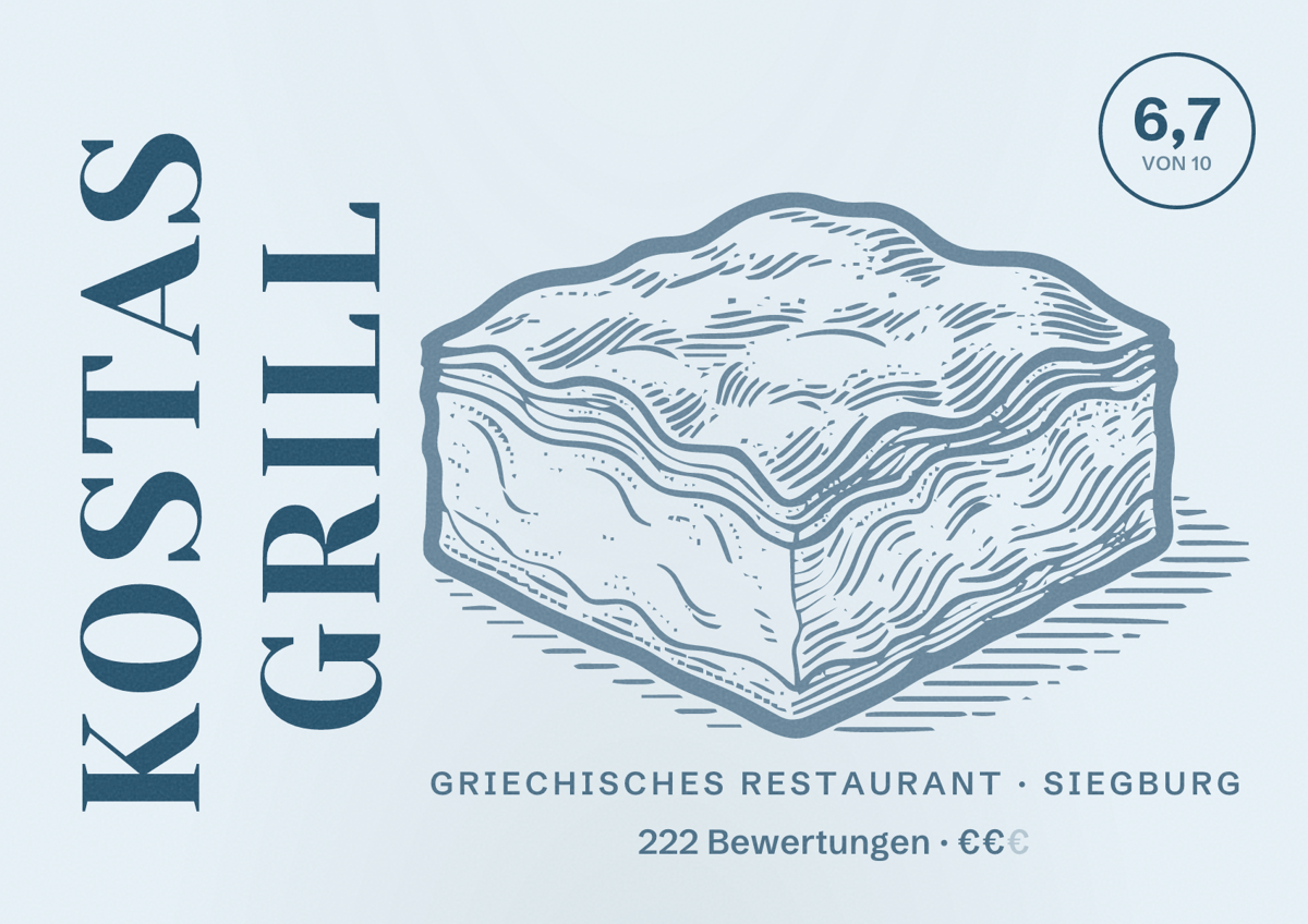 Illustriertes Poster von Kostas Grill, Griechisches Restaurant in Siegburg: Bewertung 6,7 von 10 aus 222 Bewertungen, Preisniveau €€