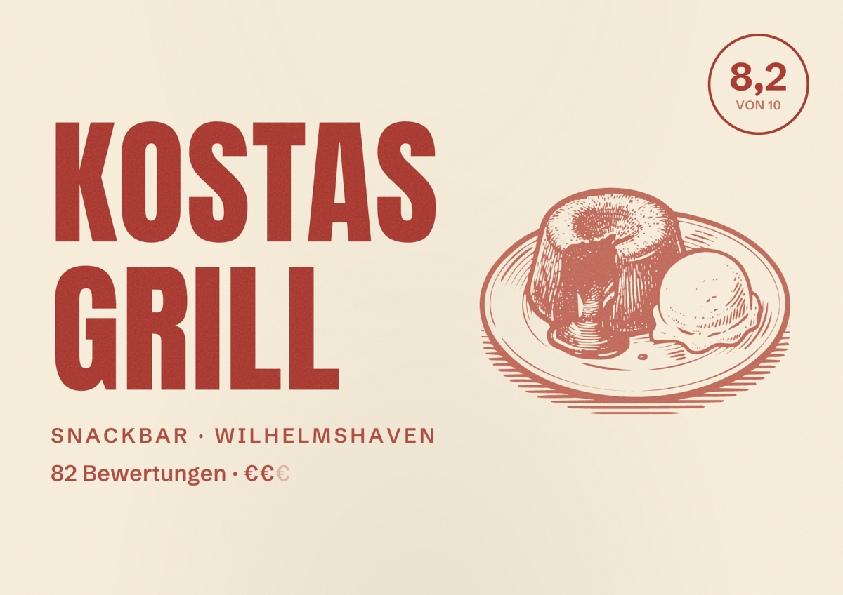 Illustriertes Poster von Kostas Grill, Snackbar in Wilhelmshaven: Bewertung 8,2 von 10 aus 82 Bewertungen, Preisniveau €€