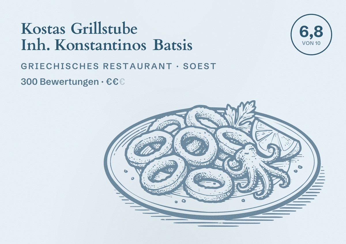 Illustriertes Poster von Kostas Grillstube Inh. Konstantinos Batsis, Griechisches Restaurant in Soest: Bewertung 6,8 von 10 aus 300 Bewertungen, Preisniveau €€