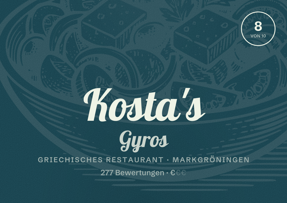 Illustriertes Poster von Kosta's Gyros, Griechisches Restaurant in Markgröningen: Bewertung 8 von 10 aus 277 Bewertungen, Preisniveau €