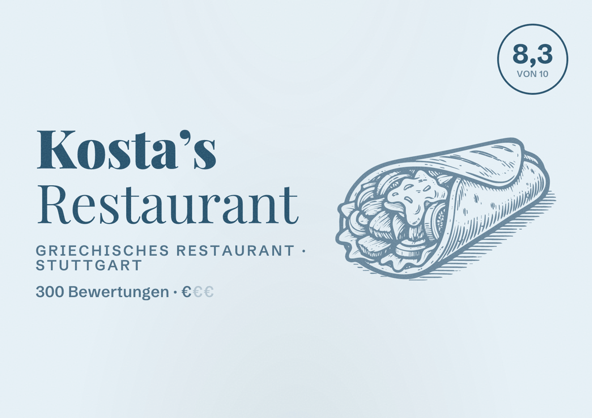 Illustriertes Poster von Kosta’s Restaurant, Griechisches Restaurant in Stuttgart: Bewertung 8,3 von 10 aus 300 Bewertungen, Preisniveau €