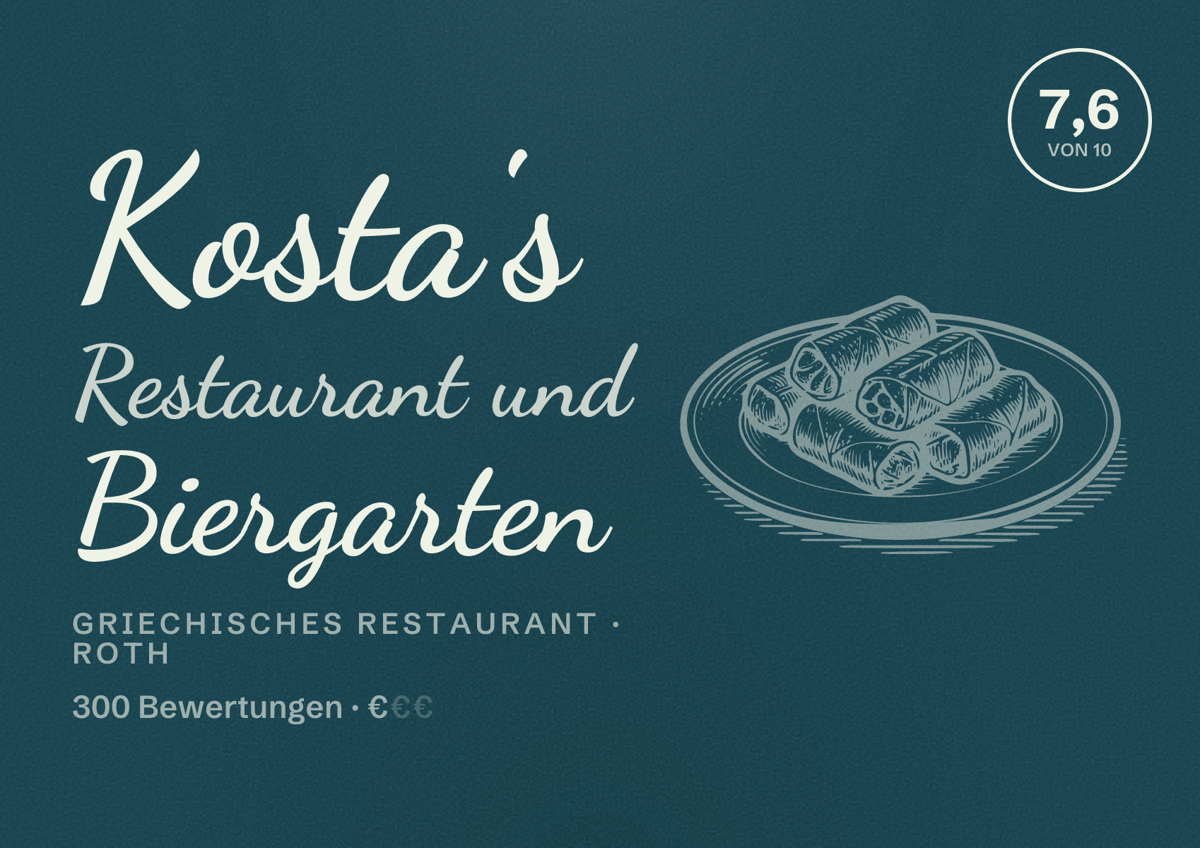 Illustriertes Poster von Kosta's Restaurant und Biergarten, Griechisches Restaurant in Roth: Bewertung 7,6 von 10 aus 300 Bewertungen, Preisniveau €