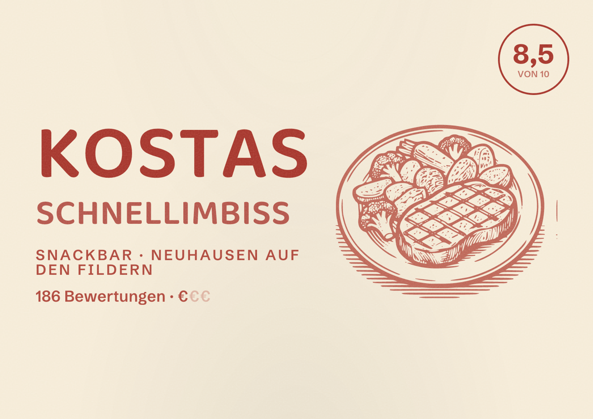Illustriertes Poster von Kostas Schnellimbiss, Snackbar in Neuhausen auf den Fildern: Bewertung 8,5 von 10 aus 186 Bewertungen, Preisniveau €