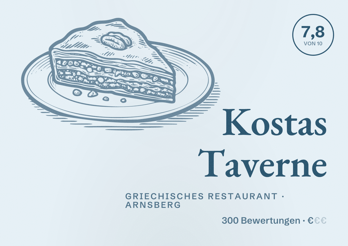 Illustriertes Poster von Kostas Taverne, Griechisches Restaurant in Arnsberg: Bewertung 7,8 von 10 aus 300 Bewertungen, Preisniveau €