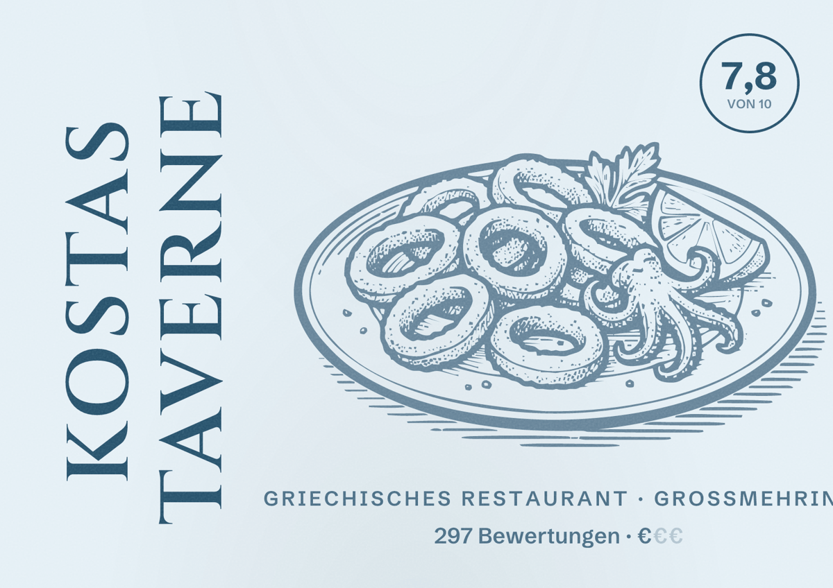 Illustriertes Poster von Kostas Taverne, Griechisches Restaurant in Großmehring: Bewertung 7,8 von 10 aus 297 Bewertungen, Preisniveau €