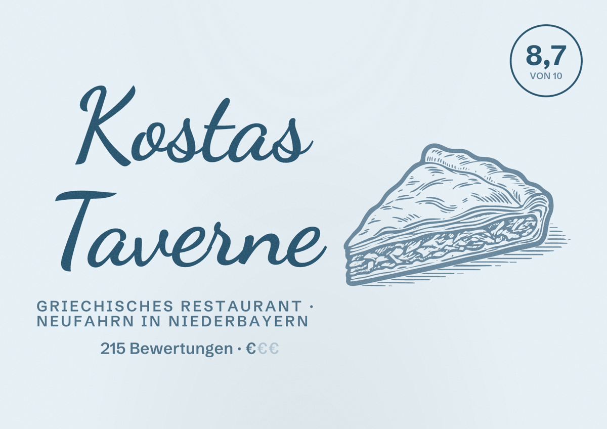 Illustriertes Poster von Kostas Taverne, Griechisches Restaurant in Neufahrn in Niederbayern: Bewertung 8,7 von 10 aus 215 Bewertungen, Preisniveau €